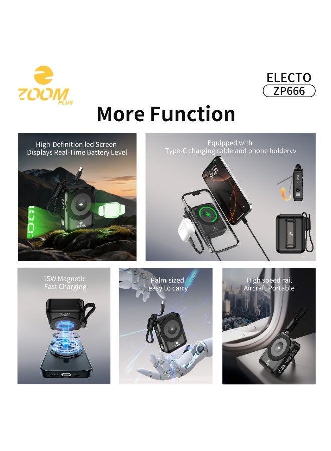 زوم بلس باور بنك زوم بلس ELECTO ZP666 بسعة 10000 مللي أمبير | شحن لاسلكي 15 واط | كابل مدمج | تصميم مدمج وشحن سريع - Image 3